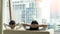 Relaxing couple lifestyle resting happily in luxury city condominium, urban condo apartment, or business hotel tower for life-work