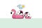 Relaxing cute penguins couple floating in flamingo and swan inflatable swimming pool toy on sea shore at sunny summer day