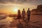 Relaxing evening as friends walk along a tranquil beach at sunset