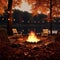 Relaxing evening autumn view with a bonfire in the forest and a place for a picnic, lifestyle outdoor tourism vacation