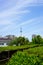 Relaxing gardens in Kameido Tenjin Shrine. Tokyo Skytree towers behind the shrine, adding a sleek