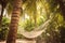 Relaxing hammock nestled between palm trees on a tropical island. Generative AI
