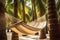 Relaxing hammock nestled between palm trees on a tropical island. Generative AI