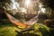 relaxing hammock swing in the sun with view of tranquil garden