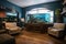 relaxing living room with aquarium and cozy armchair, perfect for reading and meditation