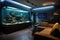 relaxing living room with aquarium featuring underwater sounds and lights