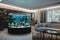 relaxing living room with aquarium featuring underwater sounds and lights
