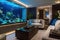 relaxing living room with aquarium and reading nook, providing a peaceful escape