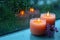 Relaxing moments aroma candles flame glows near a rain drenched window