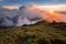 Relaxing peaceful sunset in fog and clouds in Taiwan at the top of He Huan Mountain