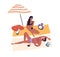 Relaxing people, romantic couple sunbathing on beach. Woman and man smiling, talking. Summer vacation, chill, lounge