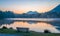 Relaxing place on the shore of Hintersee lake at sunrise