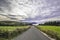 Relaxing road surrounded by lots of flora and very colorful that leads us to the sea with a cloudy but spectacular sky