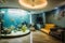 relaxing room with aquarium, fish swimming peacefully, and soft music in the background