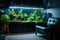 relaxing room with aquarium, fish swimming peacefully, and soft music in the background