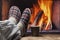 Relaxing in slippers at fireplace