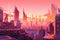 relaxing sunset view of futuristic pink city, with towering buildings and flying cars visible