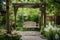 relaxing swing on a serene patio garden, with blooming flowers and tall trees in the background