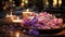 relaxing thai resort cozy evening spa salong candles blurred light exotic flowers poolspa