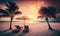 Relaxing Tropical Sunset Scene with Loungers and Umbrella on White Sand Beach. Perfect for Travel Brochures and Posters.