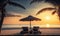 Relaxing Tropical Sunset Scene with Loungers and Umbrella on White Sand Beach. Perfect for Travel Brochures and Posters.