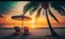 Relaxing Tropical Sunset Scene with Loungers and Umbrella on White Sand Beach. Perfect for Travel Brochures and Posters.