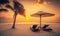 Relaxing Tropical Sunset Scene with Loungers and Umbrella on White Sand Beach. Perfect for Travel Brochures and Posters.