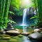 Relaxing wellness background with stones and bamboo waterfall background