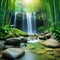 Relaxing wellness background with stones and bamboo waterfall background