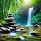 Relaxing wellness background with stones and bamboo waterfall background