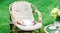 Relaxing white ginger cat playing laying on chair in garden outside on hot summer days. Garden landscape with chair table in