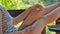 Relaxing woman on balcony listening to music on smartphone