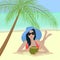 Relaxing young woman drinking fresh coconut coctail by laying down on the sand beach. Vector illustration of happy woman on the be