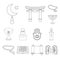 Religion and belief outline icons in set collection for design. Accessories, prayer vector symbol stock web illustration