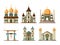 Religion buildings flat. Lutheran and christian church muslim mosque architectural traditional buildings