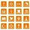 Religion icons set orange square
