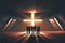 Religion religious crowd gathering around a large cross in church