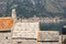 Religious architecture, details. Stone roof of ancient Church of Our Lady of the Angels. Montenegro, Bay of Kotor