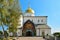 Religious building, Orthodox Christian cathedral with golden domes. Trinity Cathedral, Holy Dormition Pochayiv Lavra in Ukraine.