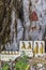 Religious carvings on limestone rock in sacred Kaw Goon cave near Hpa-An in Myanmar Burma