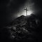 Religious Christian black and white wooden cross on rock hilltop