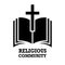 Religious community. Emblem with Holy Bible and cross. Design element for poster, logo, badge, sign.