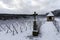 Religious cross in winter snowy vineyard