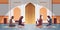 religious muslim men kneeling and praying inside nabawi mosque ramadan kareem holy month religion concept full length