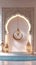 Religious occasions 3D illustration of podium with mosque, lantern, crescent, celebrating Islamic events