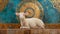 Religious painting in Arabesque art focus is a majestic lamb, Abraham kneels beside the ram, ready to fulfill Gods command.