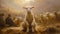 Religious painting, white lamb symbolizing the Passover sacrifice in the Jewish tradition. Israelites departure from Egypt.