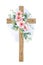 Religious vector cross with eucalyptus greenery and flowers. Easter catholic religious symbol. Illustration for Epiphany