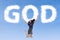 Religious woman jumping with clouds god