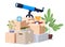 Relocation. Cardboard boxes with things. Packing objects for transportation. Vector illustration